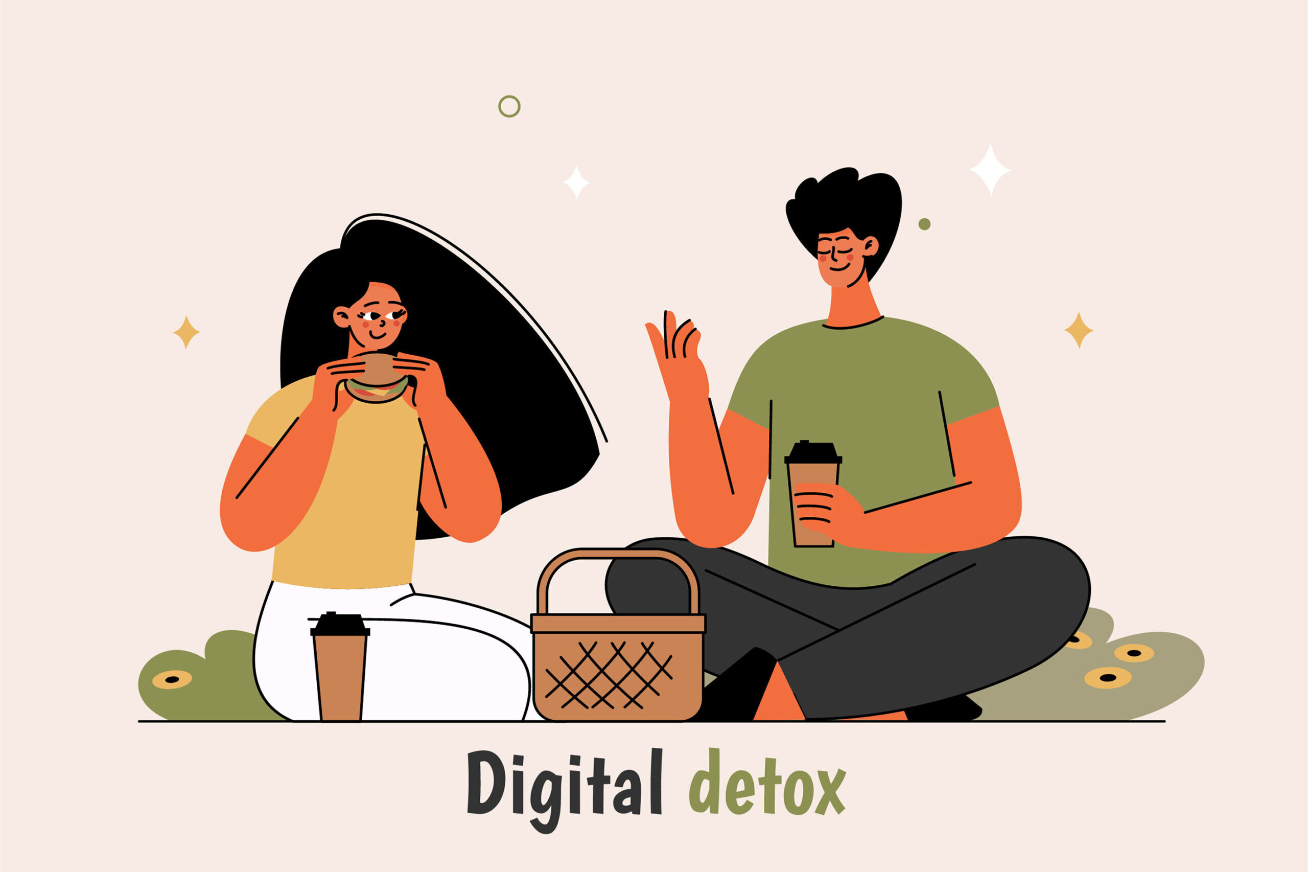 Gezeichnete zwei Personen sitzen nebeneinander beim Picknick ohne Handy, Symbol für Digital Detox und digitale Entschleunigung.