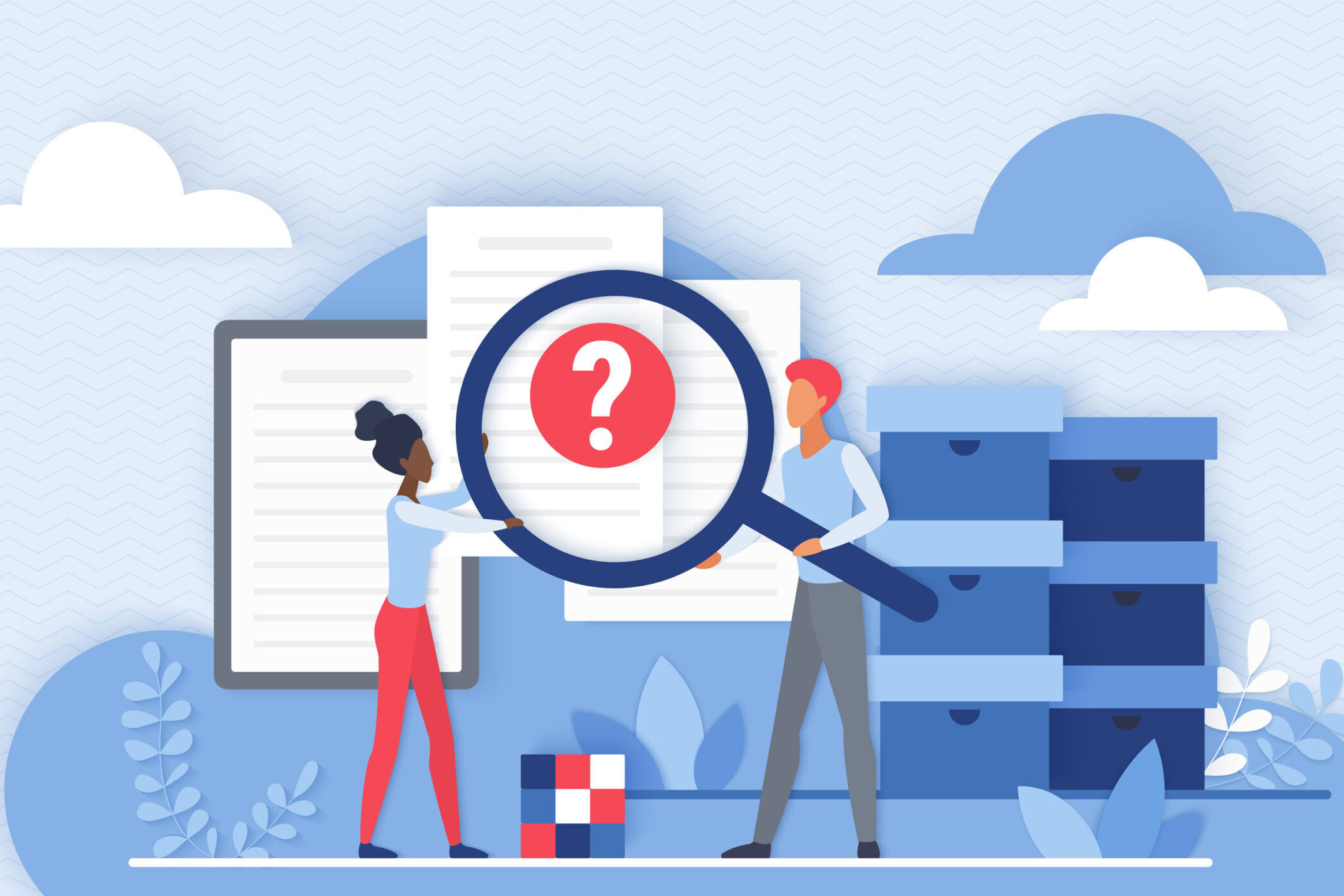 Illustration von zwei Personen mit Lupe vor Dokumenten – Symbol für Datenrettung KMU