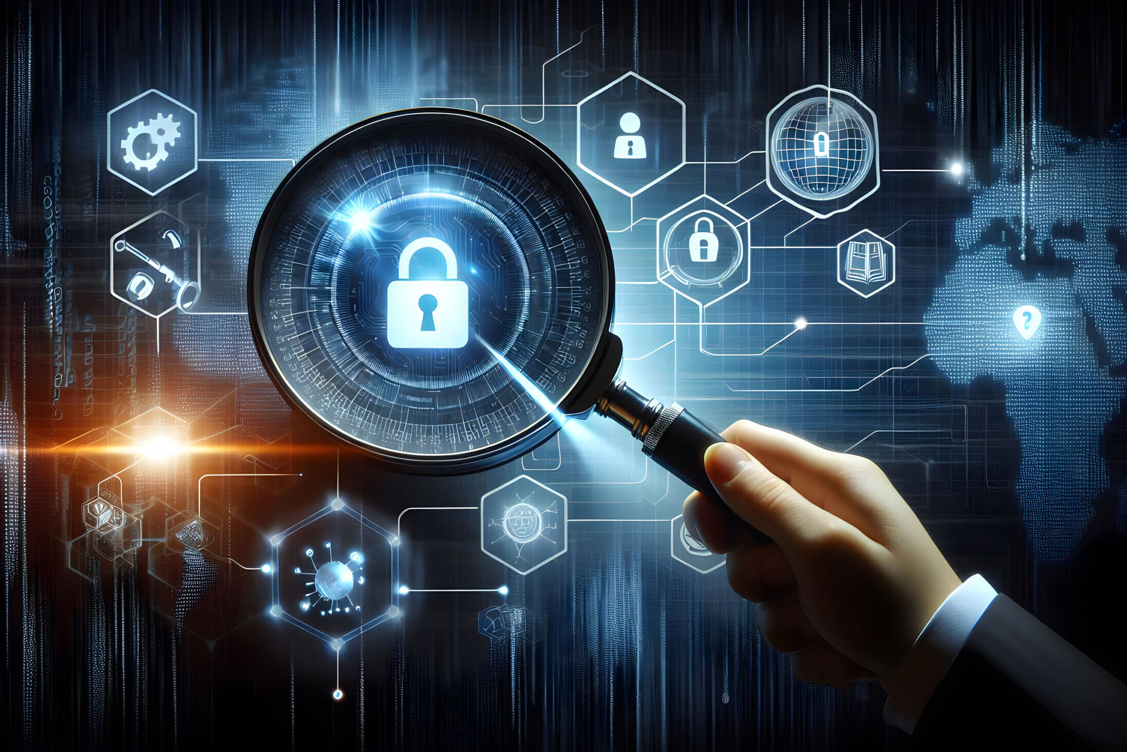 Hand hält Lupe mit Schloss vor technischem Hintergrund aus verbundenen Sicherheitsschlössern