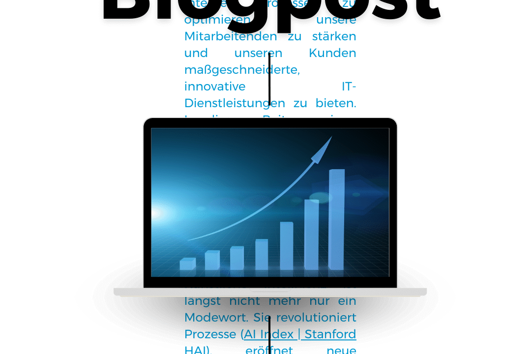 Computerbildschirm mit Balkendiagramm, im Hintergrund Text über den Einsatz von Künstlicher Intelligenz im Unternehmen