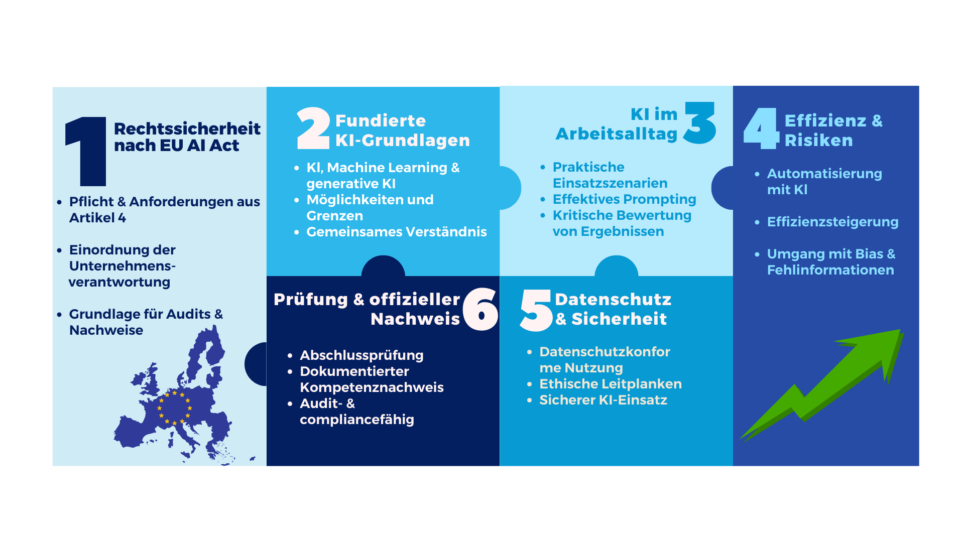 Übersicht der Leistungen des KI-Kompetenznachweises nach EU AI Act mit Rechtssicherheit, KI-Grundlagen, Praxisbezug, Effizienz, Datenschutz und Zertifikat